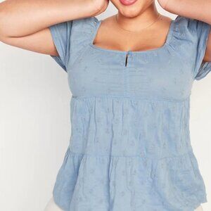NWT OLD NAVY | Tiered Embroidered Tie Back Blue Flowy Feminine Ruffle Sleeve Top